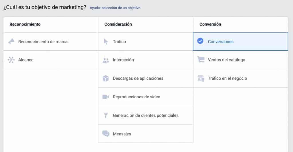 Menú de Selección del tipo de Campaña